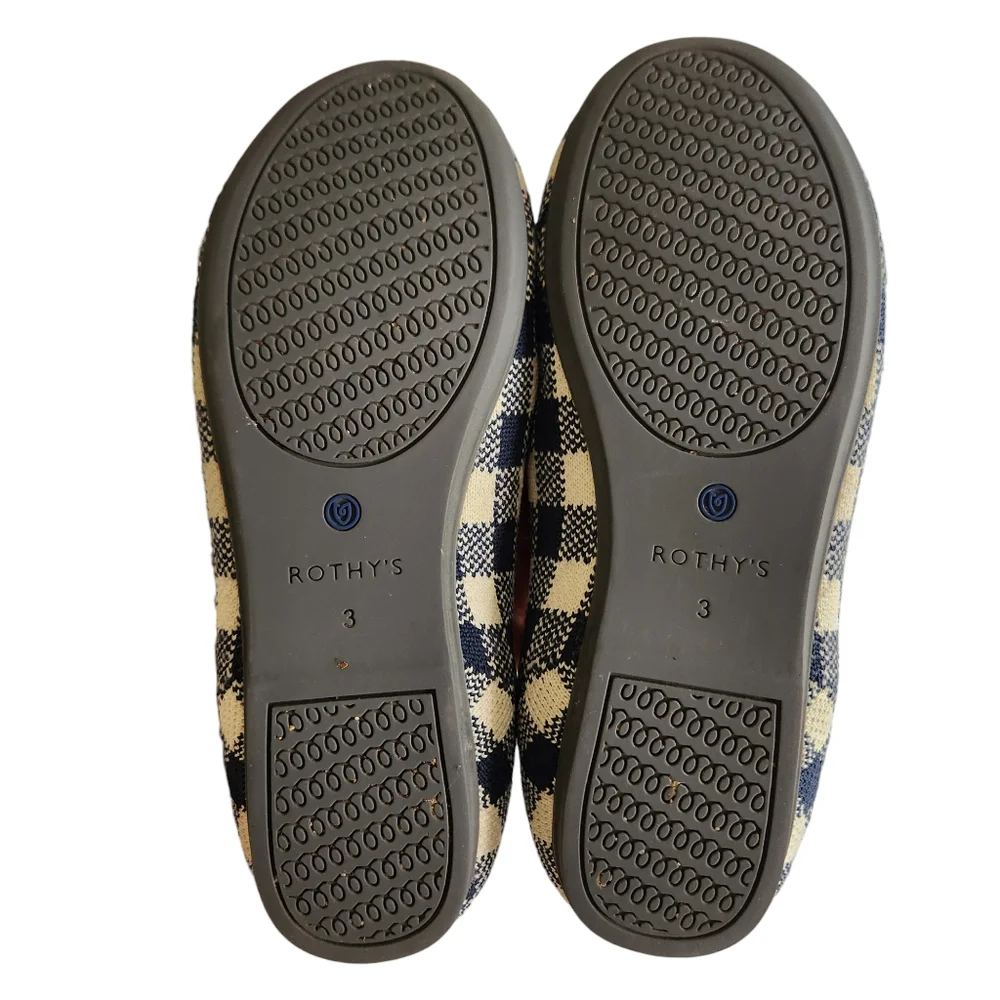 Rothy's Navy and Cream Gingham Kids Slip-On Flats with Gold Heart